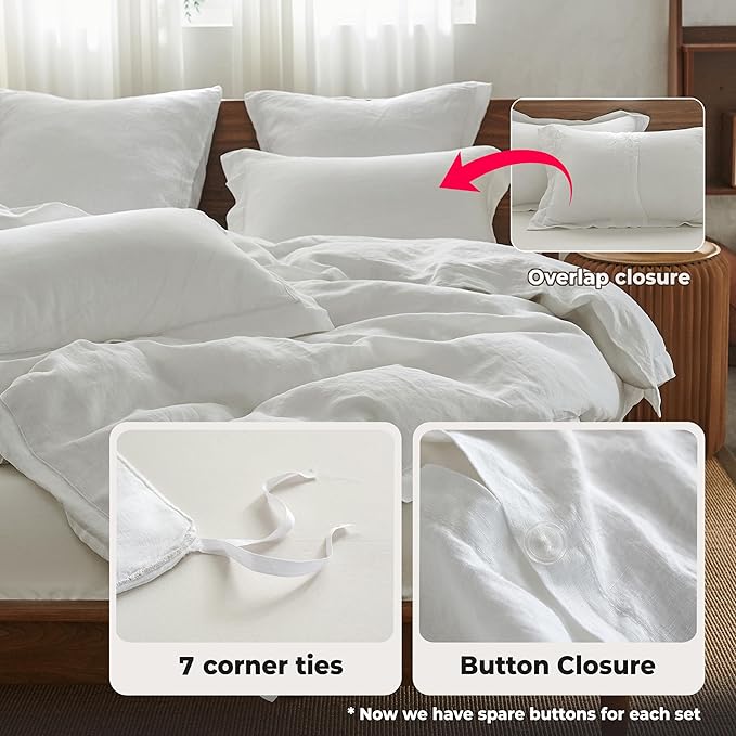 Simple&Opulence 100% Washed Linen Duvet Cover with Embroidered, 2 Pieces Soft Farmhouse Comforter Set with Button Closure,1 Duvet Cover and 1 Pillowsham(Twin,White)