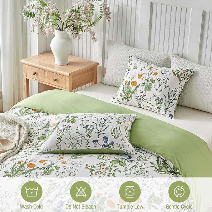 Lekesky King Size Duvet Cover Set, Lightweight Soft Microfiber Comforter Cover, Reversible Duvet Cover King with Floral Pattern, 3 Pieces Green Bedding Set with Zipper and 2 Pillowcases