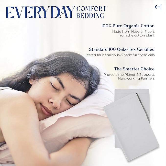 Mayfair Linen 100% Organic Cotton King Size Pillow Cases Set of 2 - Ultra Soft Hotel Quality King Pillow Covers, Authentic GOTS Certified, Crisp, Cooling Percale Weave Cotton Pillowcases - Light Grey