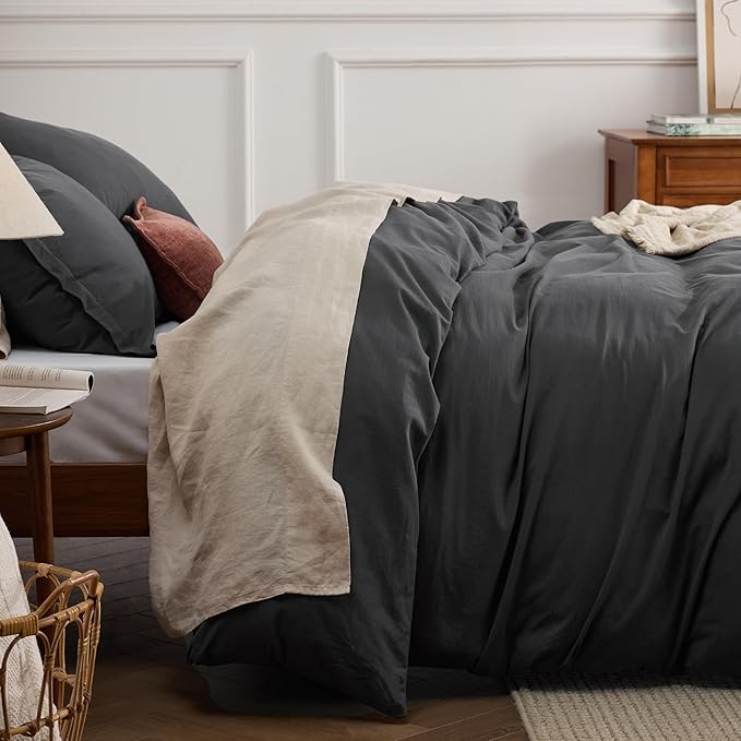 Bedsure 100% Washed Cotton Duvet Cover King - Charcoal Minimalist Cotton Duvet Cover Linen Like for All Seasons - GentleSoft™ Plain Simple Bedding (Charcoal, King, 104"x90")