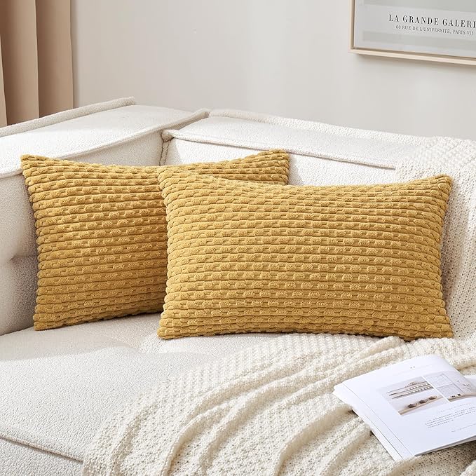 MIULEE Pack of 2 Decorative Lumbar Throw Pillow Covers 12x20 Inch Soft Boho Striped Textured Corduroy Pillow Covers Modern Farmhouse Home Decor for Couch Bed Sofa Living Room Gold