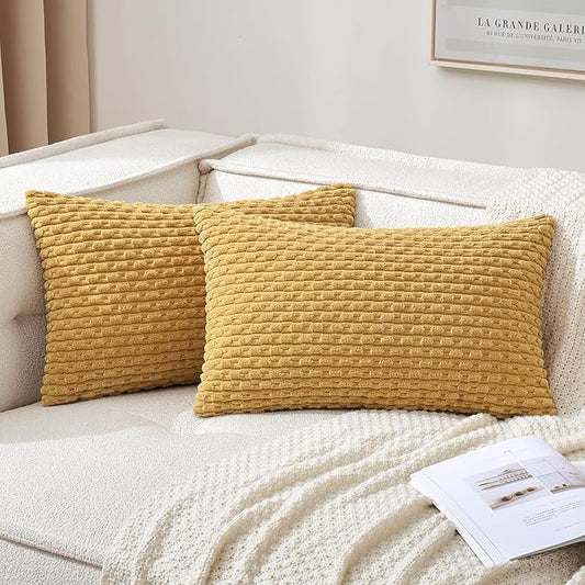 MIULEE Pack of 2 Decorative Lumbar Throw Pillow Covers 12x20 Inch Soft Boho Striped Textured Corduroy Pillow Covers Modern Farmhouse Home Decor for Couch Bed Sofa Living Room Gold