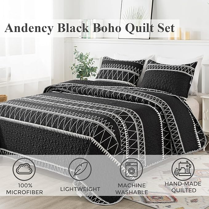 Andency Black Quilt Set Queen (90x96 Inch), 3 Pieces(1 Striped Triangle Printed Quilt and 2 Pillowcases), Bohemian Summer Lightweight Reversible Microfiber Bedspread Coverlet Sets