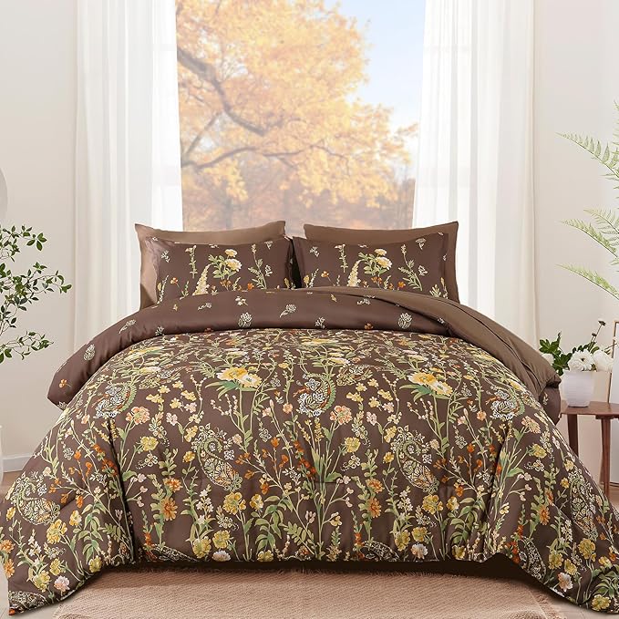 Yiran 7 Piece Brown Fall Comforter Set Queen Size, Floral Flowers Comforter Bedding Set, Bed in a Bag Queen, Soft Microfiber Complete Bedding Set with Sheets for All Season