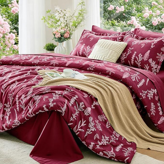 MUXHOMO Burgundy Bed in a Bag King 7 Pieces, King Comforter Set Reversible Botanical Flowers Design, Ultra Soft & Breathable Bedding Sets with Comforter, Sheets, Pillowcases & Shams