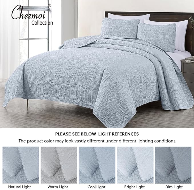 Chezmoi Collection Austin Queen Bedspread Set 3-Piece Pinsonic Quilted Oversized Bedspread Coverlet Set, Queen, Silver