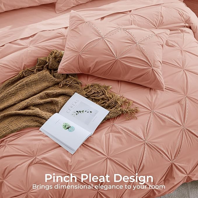 Sasttie King Size Comforter Set, 7-Piece Bed in a Bag, Pintuck Bedding Set for All Season, Includes Comforter, Flat Sheet, Fitted Sheet, Pillowcases and Pillowshams, Blush
