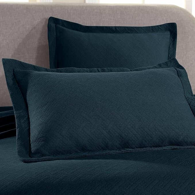 Superior 3 Piece Basketweave Cotton Bedspread Set, Home Bed Decor, Decorative Bed Spread, 2 Pillow Shams, Medium Weight Blanket, Matelasse Coverlet Bedding, Geometric Lattice Pattern, King, Deep Sea