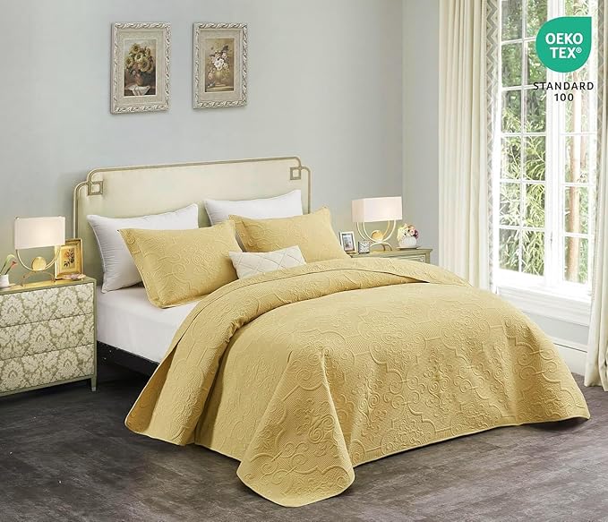 CHIXIN Quilt Queen Size - Damask Paisley Bedspread Coverlet Set - Classic & Gorgeous Style Bedding Cover, Ultrasonic Quilting, Reversible, Lightweight, 4 Piece, Honey Gold