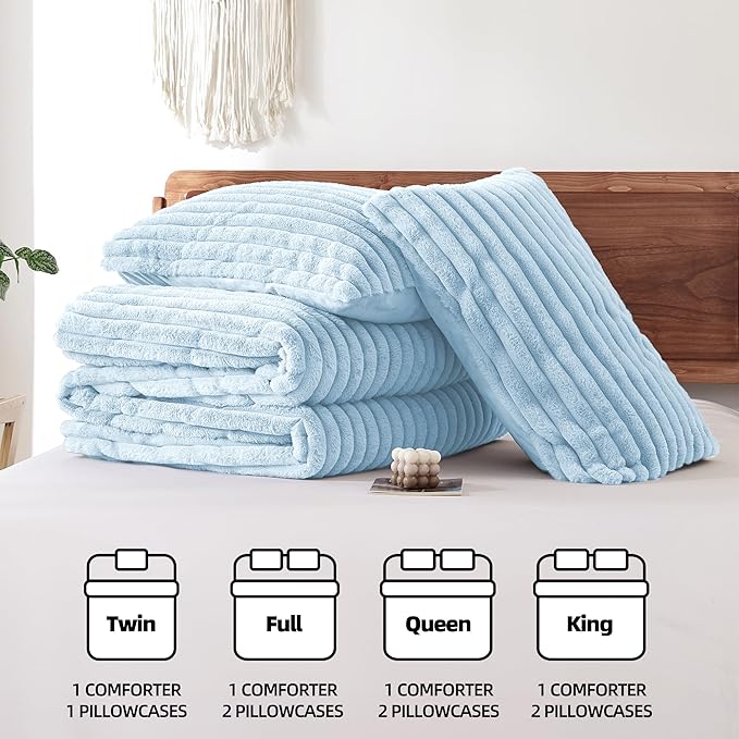 Smoofy Fluffy Queen Size Comforter Set 3 Pieces - Light Blue Fleece Fluffy Comforter Set, Luxury Fuzzy Queen Bedding Set, Soft Warm Bed Set All Season, Heavy Faux Fur Comforter with 2 Pillow Cases