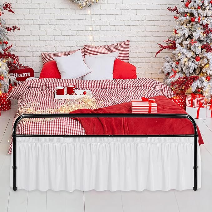 Biscaynebay Wrap Around Bed Skirts with Split Corners for Full Beds 16" Drop, White Elastic Dust Ruffles Adjustable Easy Fit Wrinkle & Fade Resistant Silky Luxurious Fabric Machine Washable