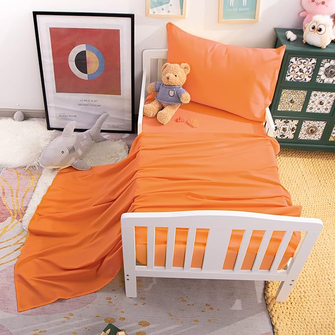 NTBAY Toddler Sheet Set - 3-Piece Microfiber Crib Sheet Set - Flat Sheet, Fitted Sheet, Pillowcase - Solid Toddler Bedding, Orange