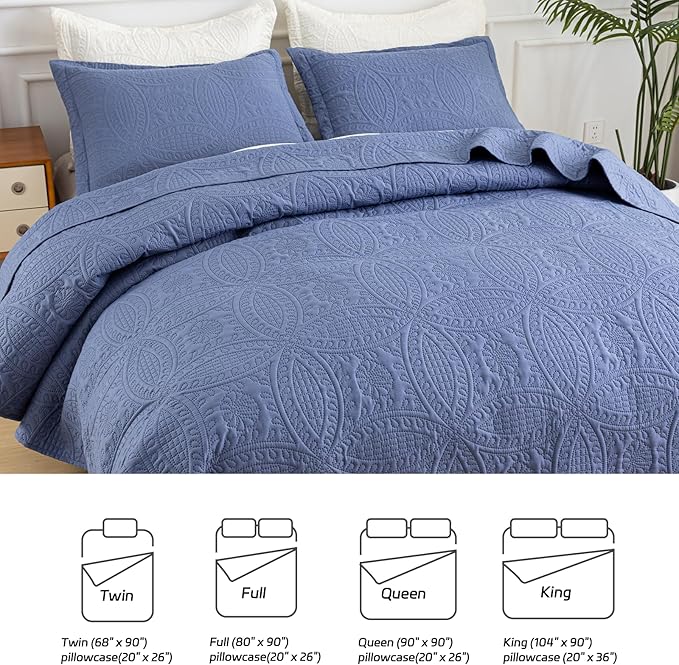SheRest Queen Quilt Bedding Set - Grayish Blue Soft Breathable Bed Quilts, Modern Style Embossed Bedspreads, Lightweight Microfiber Coverlet for All Seasons-3 Pieces (1 Quilt,2 Pillow Shams)