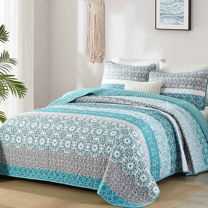 WONGS BEDDING Boho Quilt Set King Size,Teal Bohemian Striped Patchwork Bedspread Set,3 Pieces Lightweight Microfiber Bedding Set for All Seasons (104"×90")