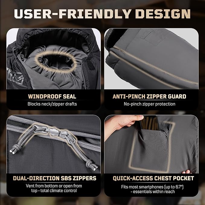 Sleeping Bag for Adults, 25-36℉Cold Weather Mummy Sleeping Bag, Lightweight 3–4 Season Winter Sleeping Bag with Adjustable Hood, Phone Pocket & Compression Sack for Camping Hiking Backpacking