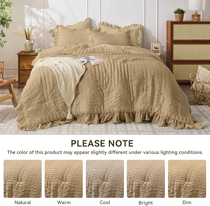 JOLLYVOGUE Twin Size Comforter Set, 2 Pieces Light Coffee Seersucker Lightweight Fluffy Bedding Set, Twin Ruffle Comforter, All Season Soft Microfiber Shabby Chic Bed Set