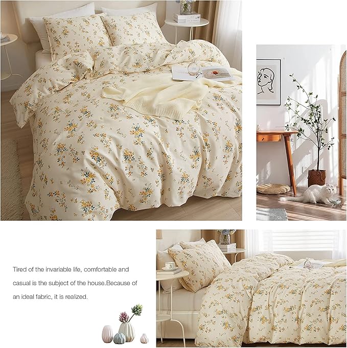 HighBuy 3 Pieces Duvet Covers King Size Yellow Floral Duvet Cover Set,Ultra Soft Cotton Bedding Set Botanical Printed Soft Aesthetic Bed Cover with Zipper Closure 4 Ties All Season