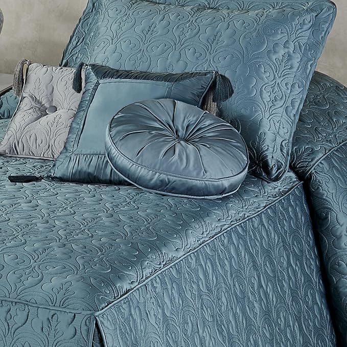 Cambridge Classic Luxury Bedding | Blue Shadow Solid Color Polyester Satin | Elaborate Damask Quilting | 5 Pc Bed Set: Twin Bedspread, Standard Sham, & 3 Decorative Pillows | Also Fits Twin XL Beds