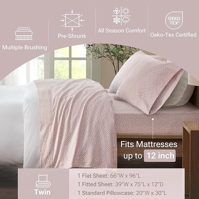 True North by Sleep Philosophy Cozy Flannel Warm 100% Cotton Sheet - Novelty Print Animals Stars Cute Ultra Soft Cold Weather Bedding Set, Twin, Blush Dots 3 Piece