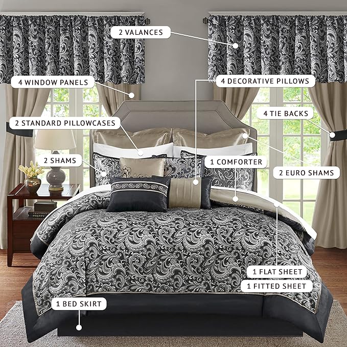 Madison Park Essentials Brystol 24 Piece Room in a Bag Faux Silk Comforter Jacquard Paisley Design Matching Curtains Down Alternative All Season Bedding-Set, Black 24 Piece, King(104 in x 92 in)