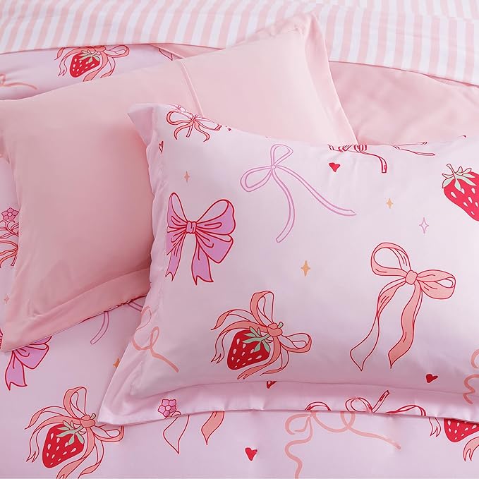 Full Size Comforter Set for Girls-7 Pieces Pink Bow Full Bedding Sets for Kids, Ultra Soft Bed in A Bag with Sheets