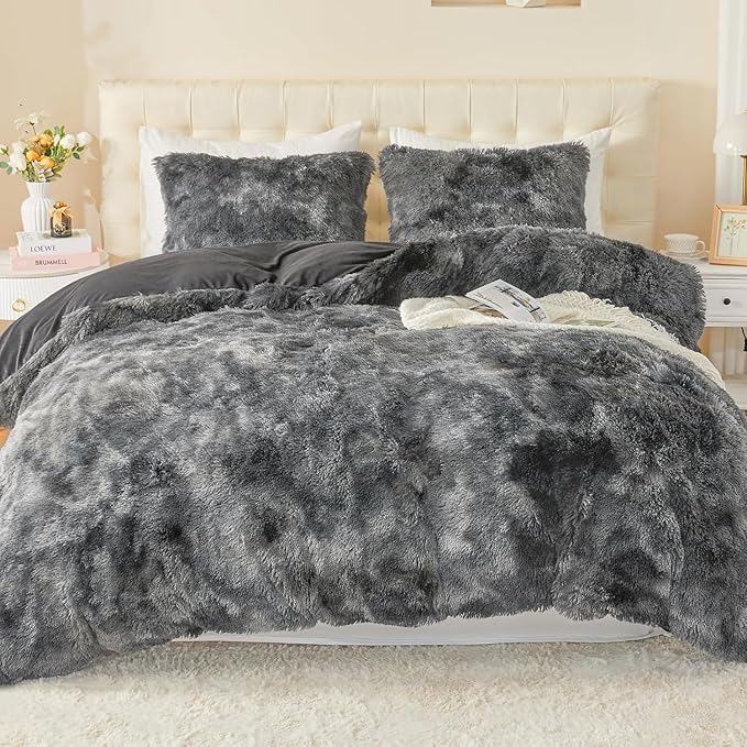 EMME Luxury Fuzzy Duvet Cover Set Queen Size 3 Pieces Fluffy Comforter Cover Set for Queen Bed Shaggy and Plush Soft Bedding Duvet Covers (Dark Grey, Queen)