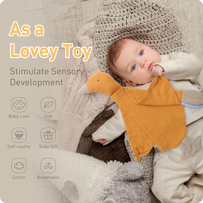 Organic Muslin Cotton Newborn Baby Loveys Security Blanket Soft & Breathable with Tags, Goose Lovies for Baby New Born Boy Girl Unisex Baby Unique Neutral Presents for Babies Newborn Toddler