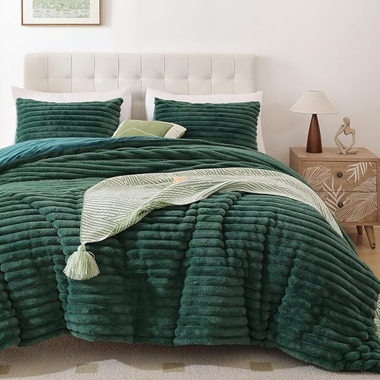 Smoofy Fluffy King Size Comforter Set 3 Pieces - Dark Green Fleece Fluffy Comforter Set, Luxury Fuzzy King Bedding Set, Soft King Bed Set All Season, Heavy Faux Fur Comforter with 2 Pillow Cases