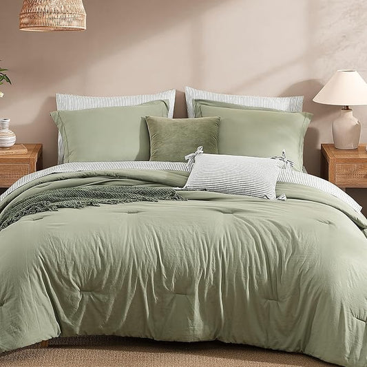 Monbix Full Size Comforter Set - 7 Pieces Green Prewashed Bed in a Bag Full Bedding Sets with Comforters, All Seasons Ultra Soft Comforter Bed Set with Sheets,Pillowcases & Shams