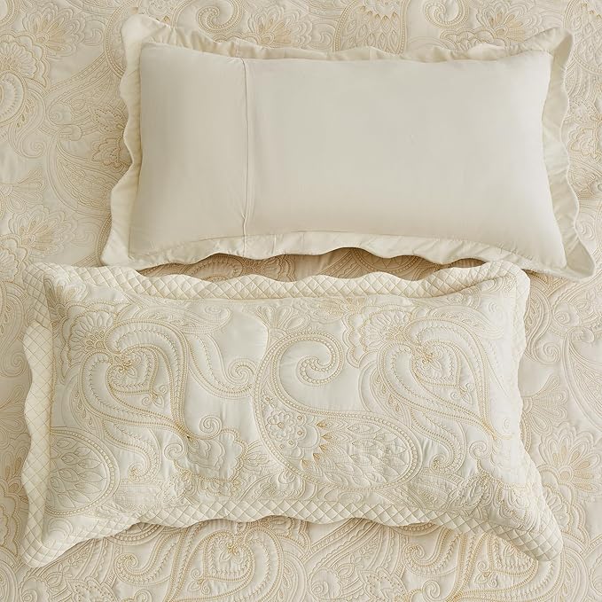 Oversized King Bedspread, Paisley Pattern Design, Lightweight Bedding Cover, Reversible, 5 Piece, 100% Microfiber, Ivory Yellow