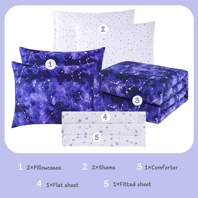 Full Kids Comforter Set - 7 Pieces Full Bedding Sets for Boys Girls Teen, Glow in The Dark Galaxy Bed in A Bag with Sheets
