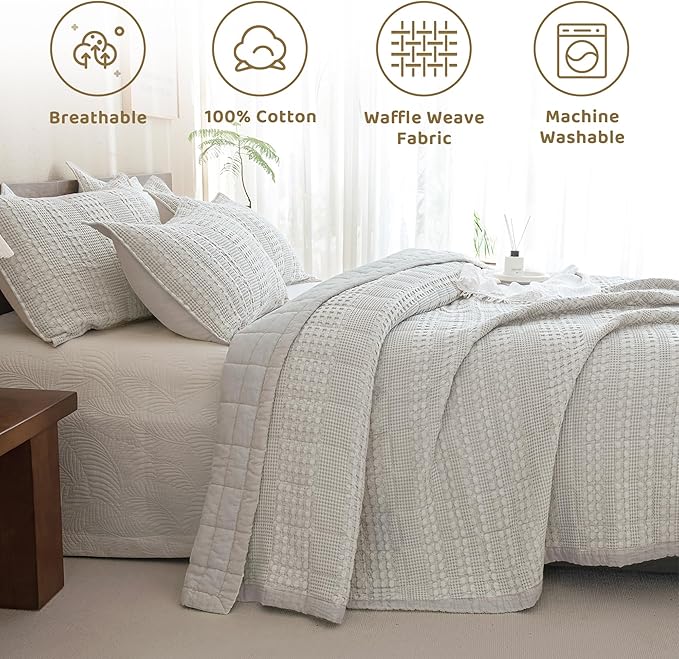 Sanracie Cotton Quilt Set King Size(110"x98"), Khaki Waffle Quilted Bedspread Sets,3Pcs Soft Lightweight King Quilt Bedding Set,Farmhouse Coverlet Quilt Set Shabby Vintage Chic Bedding Set