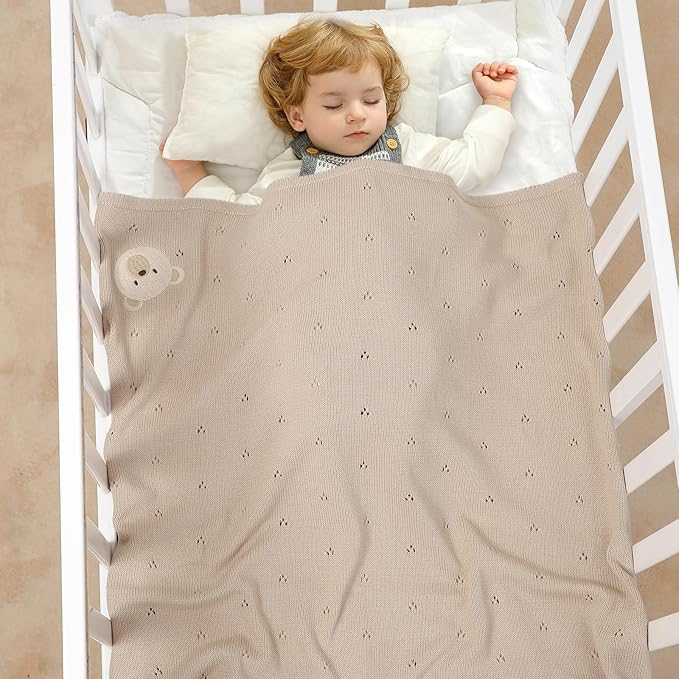 mimixiong Organic Cotton Baby Blanket Neutral Knitted Soft Crib Nursery Swaddling Receiving Blankets for Newborn Baby Boy Girl 40x30 Inch (Oatmeal)
