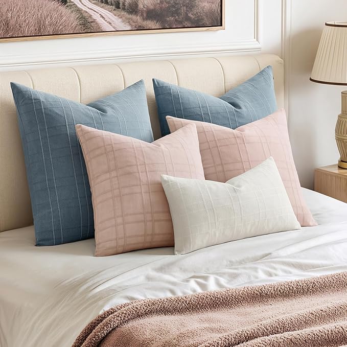 MIULEE Decorative Linen Check Euro Shams Throw Pillow Covers Neutral Farmhouse Vintage Spring Valentine Pillow Covers 22x22 Set of 2 Boho Modern Home Decor for Sofa Couch Bedroom Cushion Light Pink