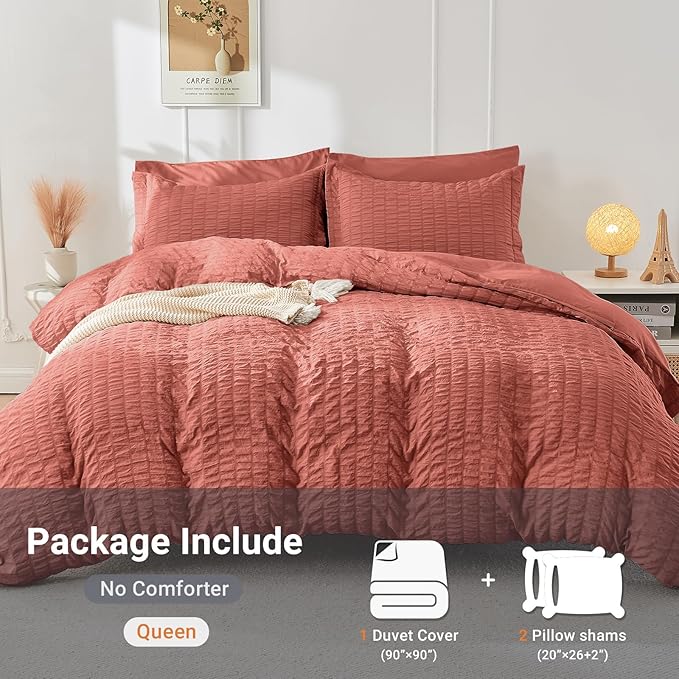 HYMOKEGE Coral Red Duvet Cover King Size, Ultra Soft 3-Piece Seersucker Duvet Cover Set with Zipper Closure, Soft Brushed Microfiber Bedding Set with 8 Corner Ties (104"x90", 2 Pillowshams)