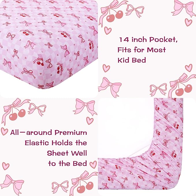 Kids Sheet Set Twin Size, Twin Sheet Set with Pink Cherry Pattern，Breathable Silky Soft Microfiber Kids Fitted Sheet