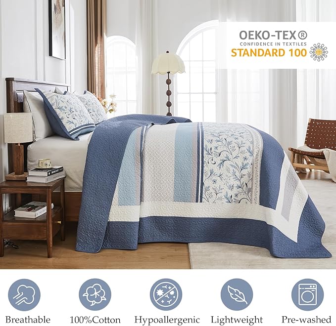 Oversized King Bedspread 128"x120" - 100% Cotton Lightweight All-Season Quilted Coverlet with Floral Striped Design - French Country & Farmhouse Bedding - Oversized King Plus Quilt in Blue