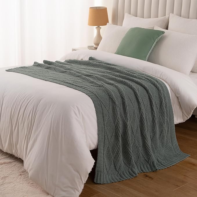 Battilo Sage Green Diamond Knit Throw Blanket for Couch and Bed, Soft Textured Chenille Blanket, Cozy Lightweight Decorative Blanket for Sofa, 50"x60"
