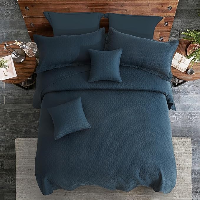 Oversized King Bedspread 128x120 Extra Wide, Modern & Contemporary Look, Lightweight Bedding Cover, Reversible, 5 Piece, 100% Microfiber, Navy Blue