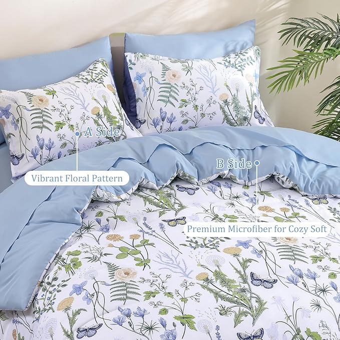 Yiran King Size Comforter Set, 7 Pieces Blue White Floral Soft Bedding Sets, King Bed in a Bag Botanical Flowers All Season Comforter, Sheets, Pillowcases & Shams