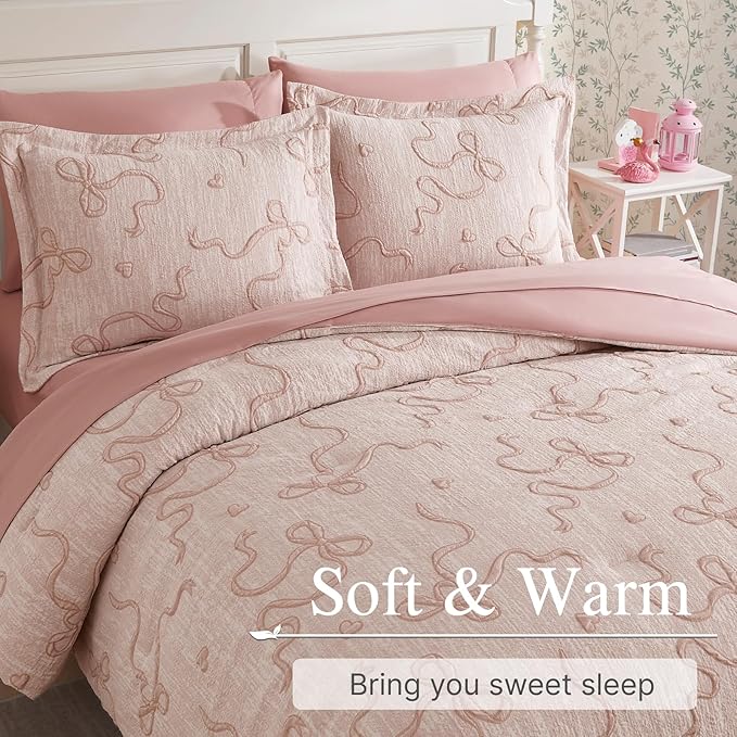 Geniospin Pink Queen Comforter Set for Girls- 7 Pieces Bowknot Jacquard Bed in A Bag Queen Bedding Sets with Sheets, Pillowcases & Shams, All Season Kids Comforter Set