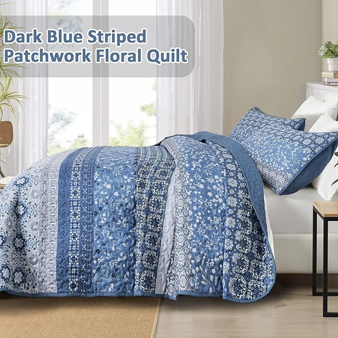 WONGS BEDDING Boho Quilt Set King, Blue Bohemian Striped Patchwork Bedspread Coverlet Set with 2 Pillowcases,Lightweight Microfiber Floral Bedding Set 104"×90"