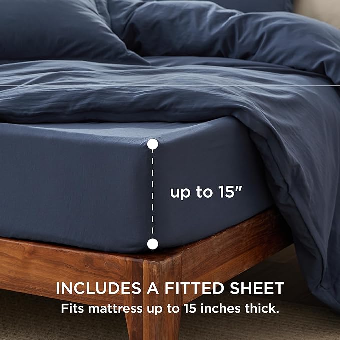 Bedsure Duvet Cover Queen Size with Fitted Sheet - 4 Pieces Prewashed Polyester Extra Soft Bedding Set, Includes 1 Duvet Cover 90x90 Inches with Zipper Closure, 2 Pillow Shams, 1 Fitted Sheet, Navy