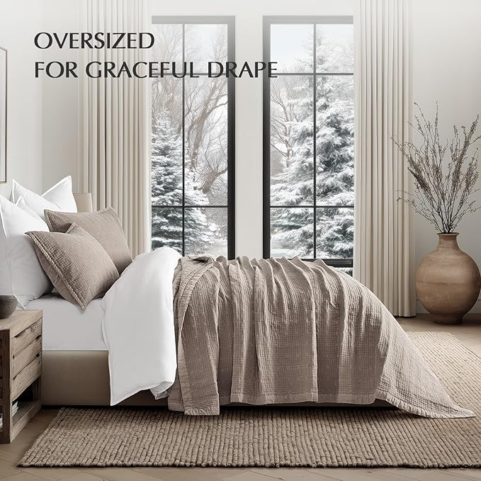 EVERGRACEHOME Stonewashed Cotton Quilt Set King Size, Ultra Soft Oversized Bedspread Coverlet Set, Lightweight Crinkle Box Stitch Bedding Sets for All Season, with 2 Shams, Truffle Taupe Brown
