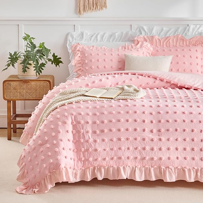 Tufted Dots Ruffle Comforter Set Full/Queen Size, 3 Pieces Pink Vintage Farmhouse Shabby Chic Comforters, Jacquard Boho Bohemian Bedding Set for All Season (1 Ruffled Comforter+ 2 Pillow Shams)