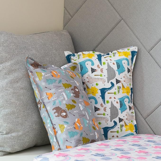 ALVABABY Toddler Pillowcases 2 Pack Organic Cotton Kids Pillow Cover Fit 13"x 18" or 12"x16" Envelope for Girl Boy Sleepy Travel Dinosaur Bear(Pillowcase Only)
