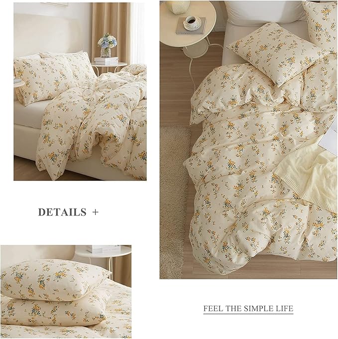 HighBuy 3 Pieces Duvet Cover Twin XL Beige Duvet Cover with Yellow Floral Print,Soft Cotton Comforter Cover Boho Style,Aesthetic Twin XL Bedding Set with Zipper Closure 4 Ties,All Season