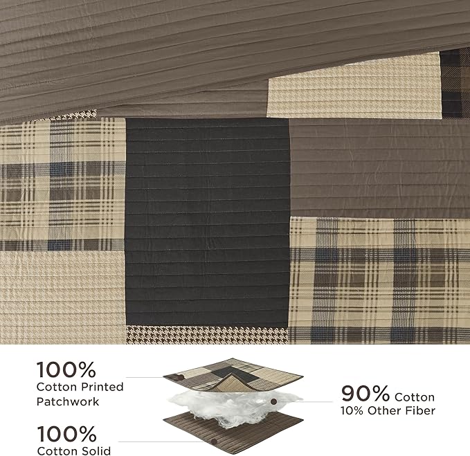 Woolrich Winter Hills Reversible Quilt Set - Cottage Styling Reversed to Solid Color, All Season Lightweight Coverlet, Cozy Bedding Layer, Matching Shams, Oversized King/Cal King, Plaid Tan 3 Piece