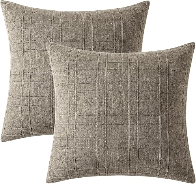 MIULEE Decorative Linen Check Euro Shams Throw Pillow Covers Neutral Farmhouse Vintage Pillow Covers 24x24 Set of 2 Boho Modern Winter Home Decor for Sofa Couch Bedroom Cushion Tan Taupe
