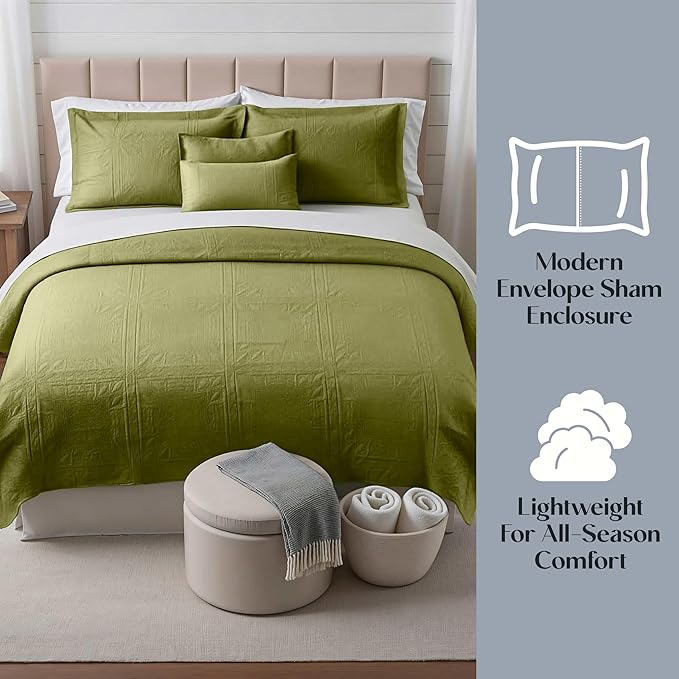Hearth & Harbor King Quilt Set – All-Season Lightweight Bedspread & Coverlet with Pinsonic Weave - 7 Piece King Quilt Set with Pillow Shams, Olive Green - King Grid